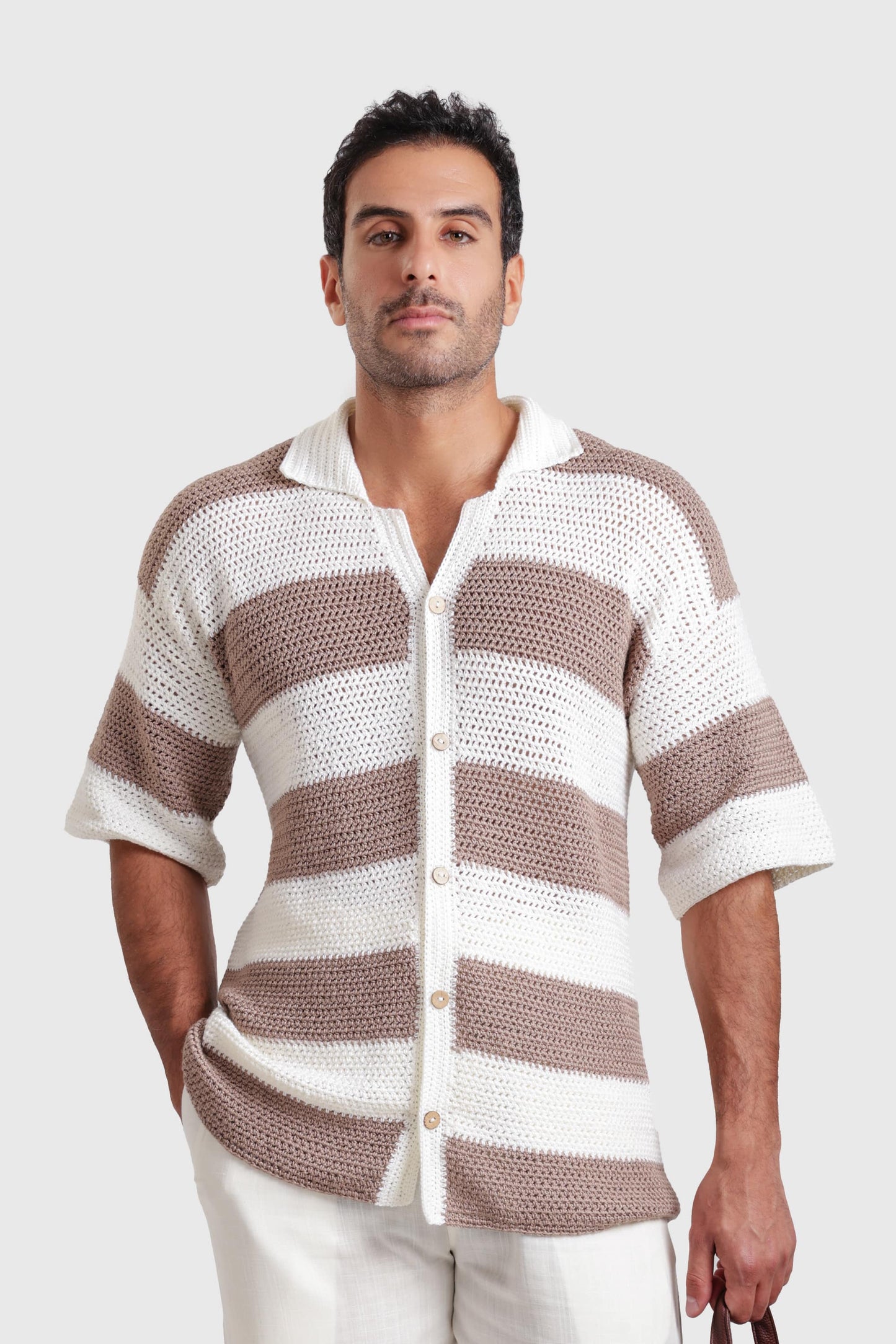 Premium Handmade Off-White/Brown Trichot Shirt